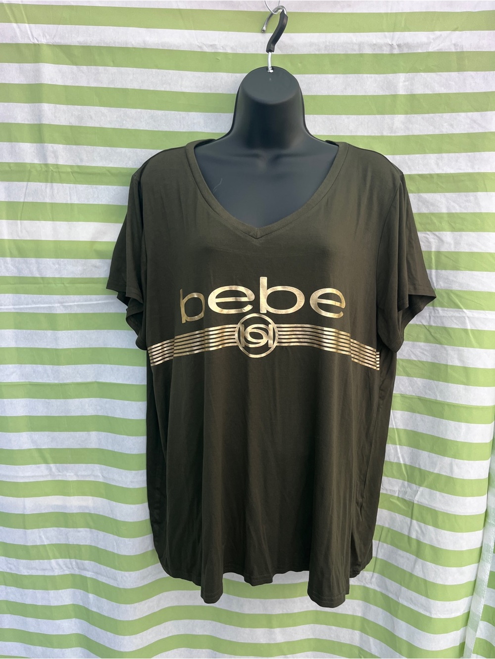 bebe Olive Green V-Neck Tee with Metallic Gold Logo